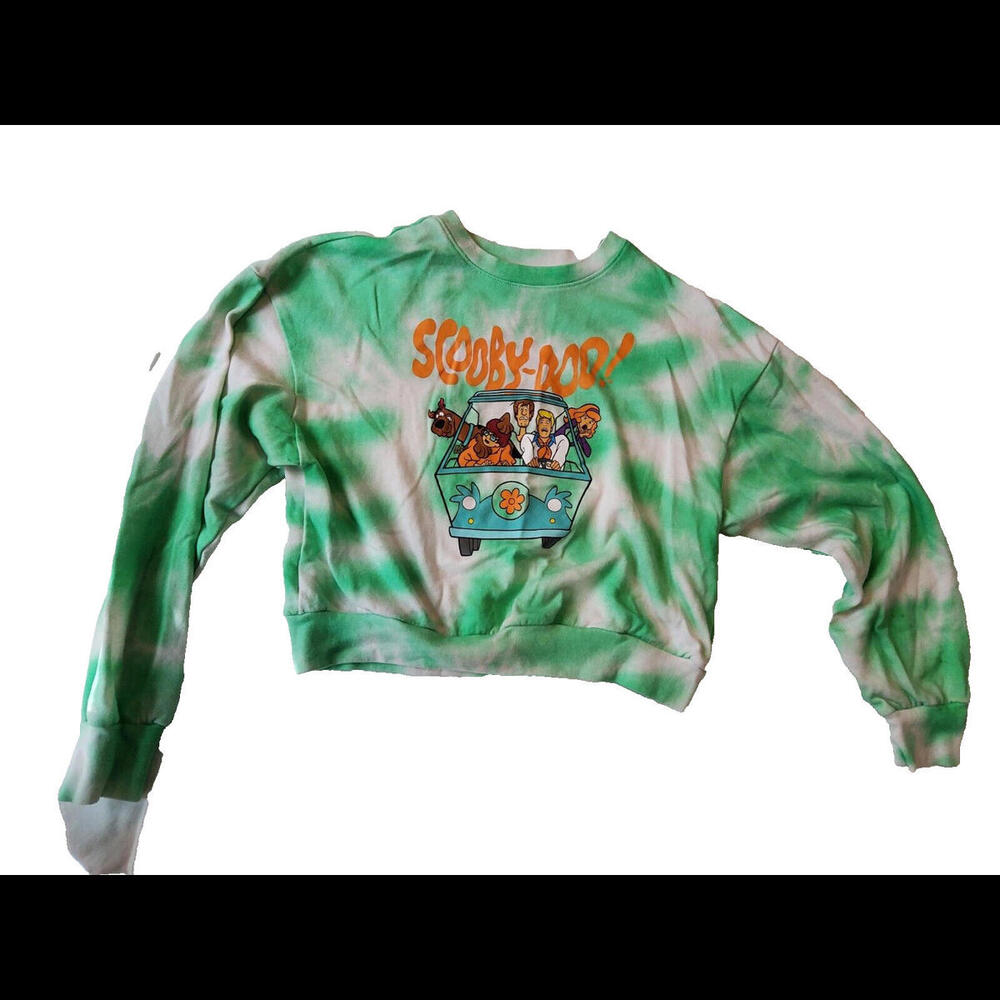 Scooby-Doo Ladies Crop Top Long Sleeve Sweatshirt Tie Die Green White Medium